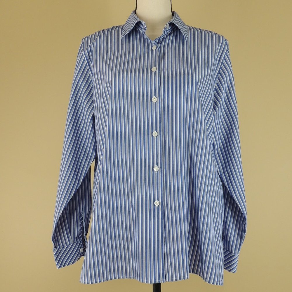 Foxcroft Women’s Blue & White Striped Long Sleeve Blouse